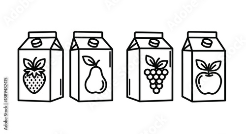 A row of five gable top cartons each featuring a unique fruit illustration in black and white
