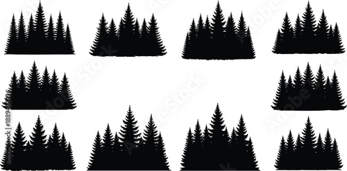 Pine forest silhouettes collection, evergreen trees landscape set, conifer woodland shapes, nature scenery, black forest vector illustration