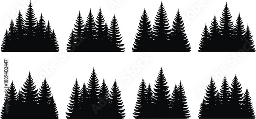 Pine forest silhouettes collection, evergreen trees landscape, nature woodland illustration, black spruce fir shapes, minimal outdoor scenery design