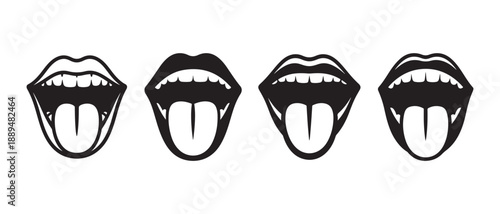 Open Mouths Showing Tongues, Icon Set, Isolated on White Background.