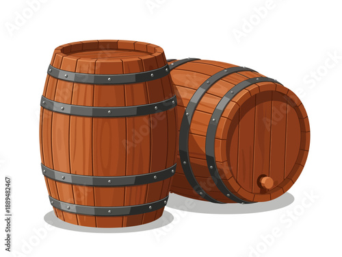 A detailed vector illustration depicts two rustic wooden wine barrels, one standing vertically and the other lying on its side, characterized by riveted metal bands and rich brown wood grain textures