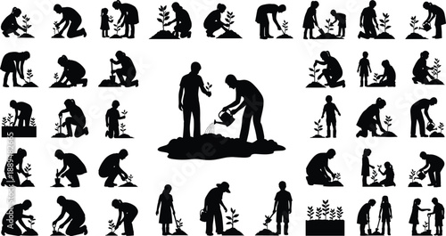 Planting people silhouettes collection, family gardening tree planting watering activities set, eco nature care concept, black silhouettes isolated