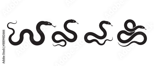 Black Snakes Silhouettes in Various Poses Isolated on White Background.