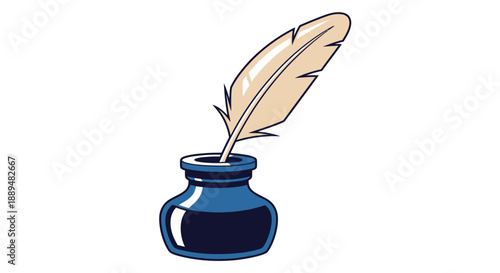 A classic illustration depicts a blue inkwell holding a delicate tan feather quill for writing