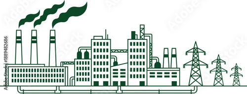 Industrial factory illustration with power plant, smokestacks, pipelines and transmission towers, representing manufacturing infrastructure, energy production, electricity distribution and modern 