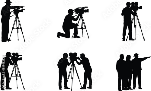 Professional cameraman silhouettes filming with video cameras on tripods, filmmaking, journalism, broadcast production, media crew teamwork, isolated black figures