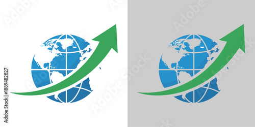 Global Progress Illustration Featuring Earth with Rising Arrow Symbolizing Growth and Development on Neutral Background from Direct Viewpoint