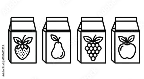 A simple illustration depicting four gable top cartons each adorned with a different fruit design