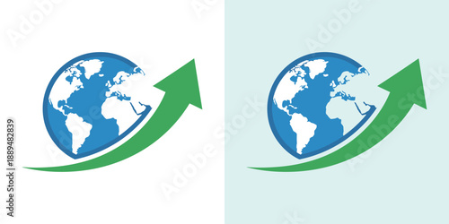 Global illustration with earth and curved arrows representing progress and sustainability from a dual perspective