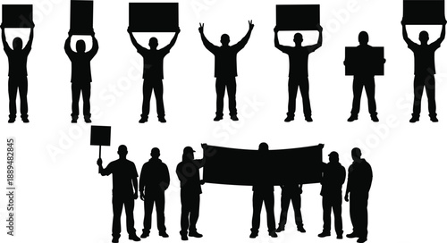 Protesters holding blank placards silhouettes, demonstration crowd with banners, activism concept, people protesting black silhouettes isolated on white