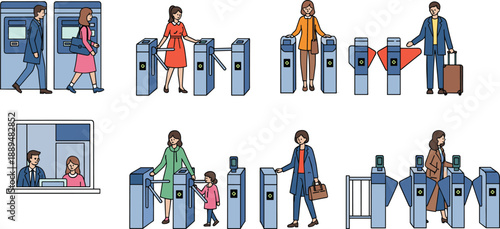 Public transport ticket gates, passengers passing turnstiles, subway metro entrance scenes, contactless payment access control, flat vector illustration set