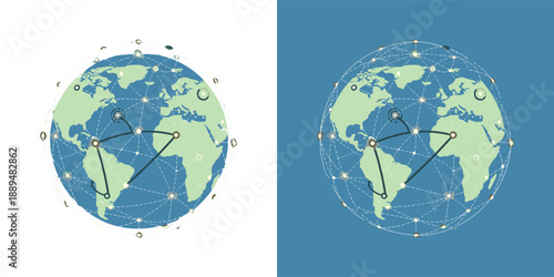 A stylized illustration of the Earth from space showing continents and orbits around it, with a celestial environment and a global viewpoint