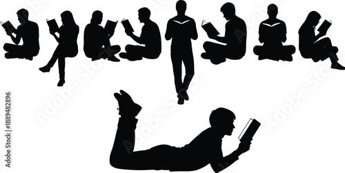 Reading, people, silhouettes, books, education, study, learning, knowledge, students, literature, library, lifestyle, hobby, concentration, sitting, standing, black, illustration, set, concept
