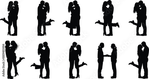 Romantic couple kissing silhouettes collection, loving man and woman embrace poses, relationship passion illustration isolated on white