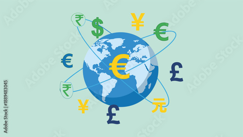 Global currency exchange rates and symbols surrounding the Earth in a digital illustration