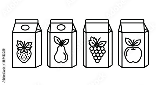 A simple illustration depicts four gable top cartons showcasing different fruit juice flavors in black outlines