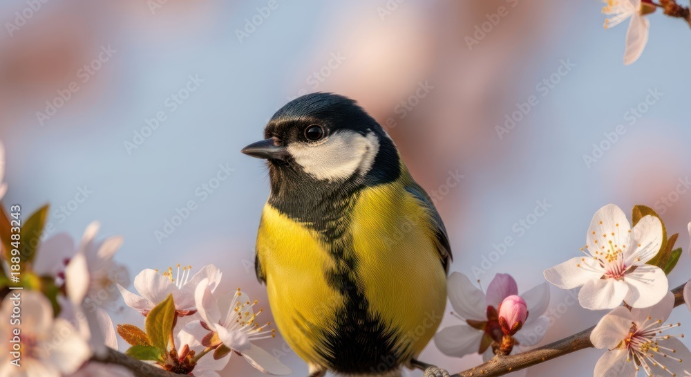 Obraz premium A vibrant bird perched on a branch with cherry blossoms, set against a soft-focus background of pink flowers and blue sky.