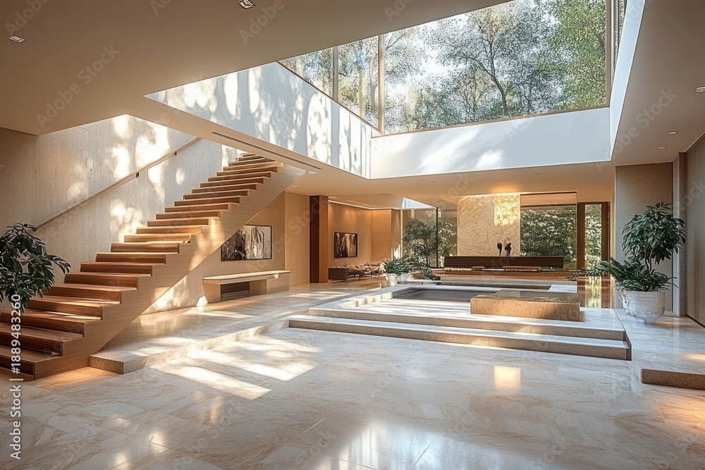 Fototapeta premium Spacious modern living area with floating wooden staircase, large skylight ceiling showcasing trees, minimalist furniture, and indoor plants creating a serene atmosphere