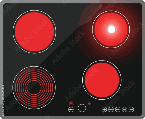 A modern electric cooktop with four red burners on a white background