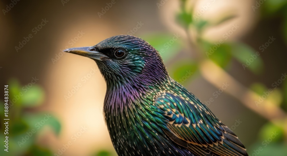 Fototapeta premium A close-up of a colorful bird with iridescent plumage, set against a blurred natural background.
