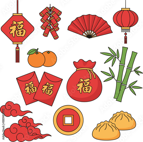 Lunar New Year icon set with red lanterns firecrackers red envelopes lucky bags bamboo and traditional chinese decorations.