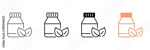 Set of minimalist medicine bottle icons with transparent background, depicting herbal supplement containers, natural health products, and pharmacy items, vector illustration
