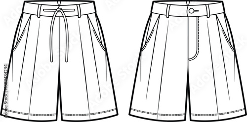 Men tailored shorts technical fashion flat sketch front and back view with drawstring and button waist isolated vector apparel design illustration template blueprint