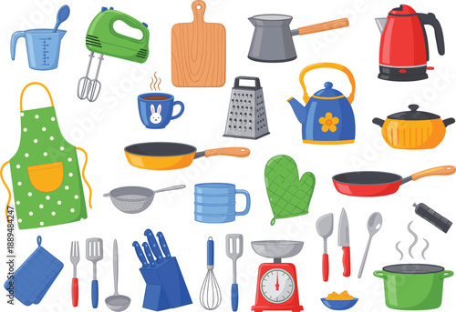 Professional kitchenware set with pots pans electric mixer kettle apron scales and various cooking utensils for culinary design.