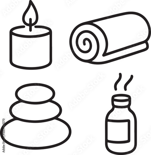 Hand drawn spa doodle vector set with candles, rolled towel, hot stones and aroma oil bottle.