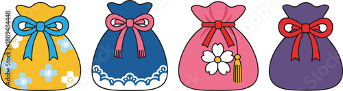 Traditional lucky bag icon set with floral patterns decorative knots tassels and colorful drawstring pouches for cultural celebrations.