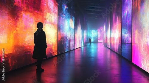 Silhouettes of two people walking through a futuristic corridor illuminated by vibrant multicolored digital light panels creating an immersive and surreal atmosphere