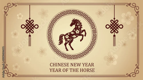 Elegant chinese new year celebration featuring the year of the horse zodiac symbol in a decorative circular frame surrounded by auspicious knot ornaments and floral motifs evoking tradition and good