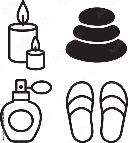 Minimal spa beauty hand drawn vector icons of towel, oil bottle and aroma candle.
