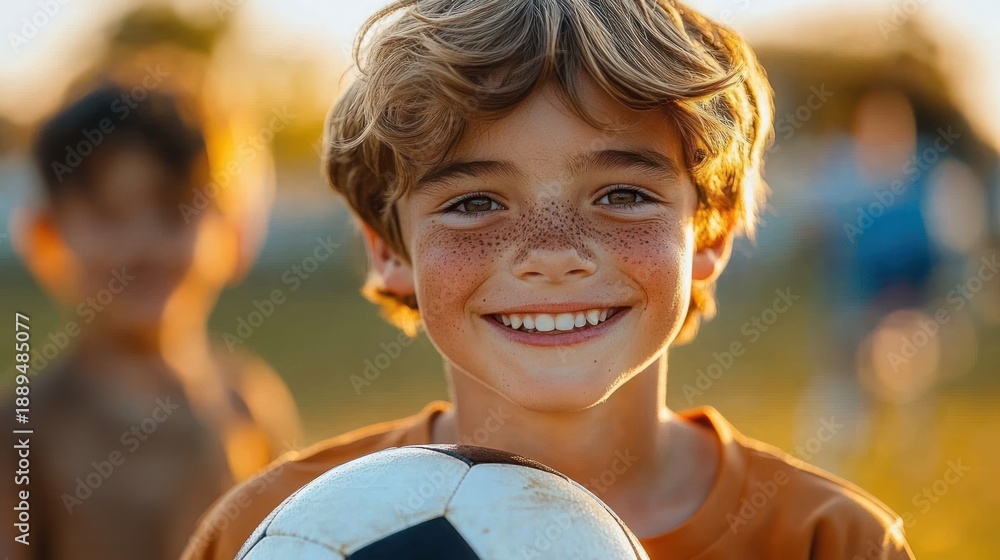 Naklejka premium Blond child in orange shirt holding a scuffed soccer ball on a sunlit grassy field with teammates in the background, warm golden evening mood of playful focus