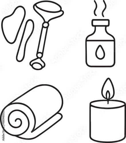 Relaxation spa doodle vector set with hand drawn candles, stones and perfume