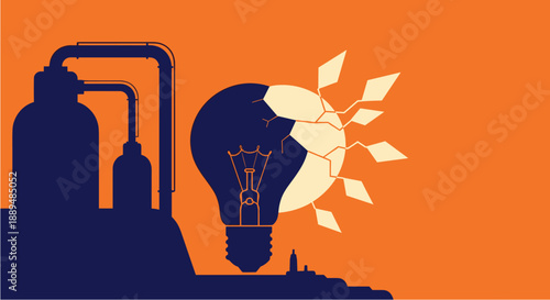 Industrial factory silhouette producing a cracked light bulb with digital circuits emerging