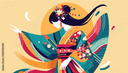 Vibrant Japanese Kimono Woman Illustration