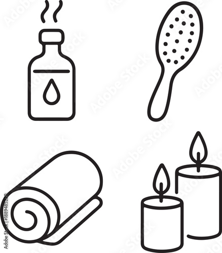 Spa relaxation doodle icon set with aroma oil, hair brush, towel and candles.