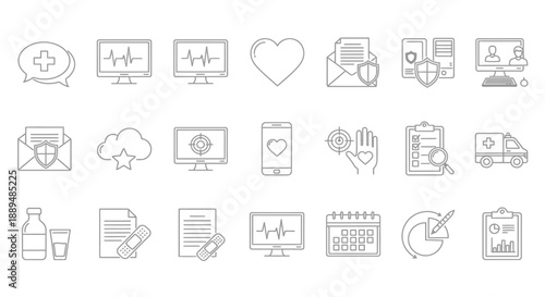 A collection of healthcare and medical icons representing various aspects of patient care and technology