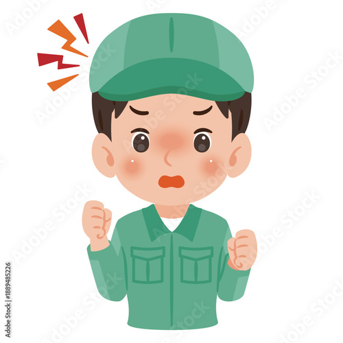 作業服を着て帽子を被った怒る男性　上半身イラスト／Angry man wearing work clothes and a cap, upper body illustration