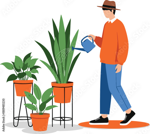 Man watering indoor houseplants in a modern home garden for urban jungle and biophilic lifestyle branding vector