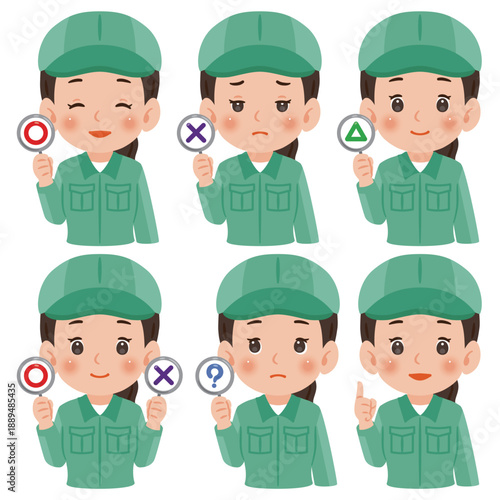 マルとバツなどの札を持った作業服を着て帽子を被った女性　上半身イラストセット／Set of a woman wearing work clothes and a cap holding circle and cross signs, upper body illustration