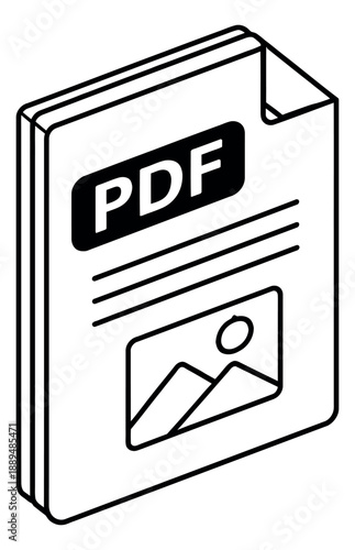 Isometric line art illustration of a PDF file icon depicting a digital document for file management