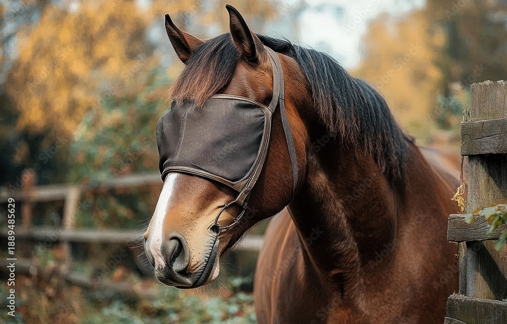 Fototapeta premium brown bay horse wearing a protective fly mask and bridle, standing calmly by a wooden fence in an autumn pasture with a serene peaceful expression