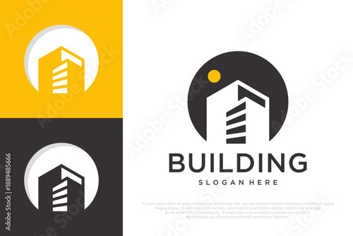 Modern Real Estate Logo with Building and Sun . vector illustration