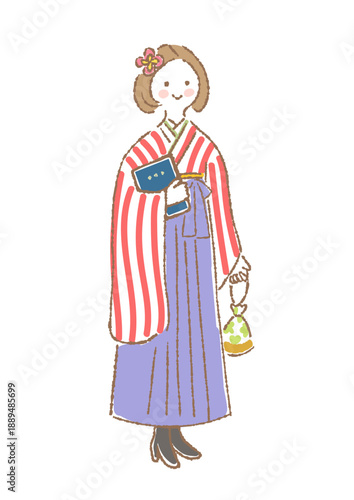 卒業証書を持って袴姿で立つ若い女性のイラスト