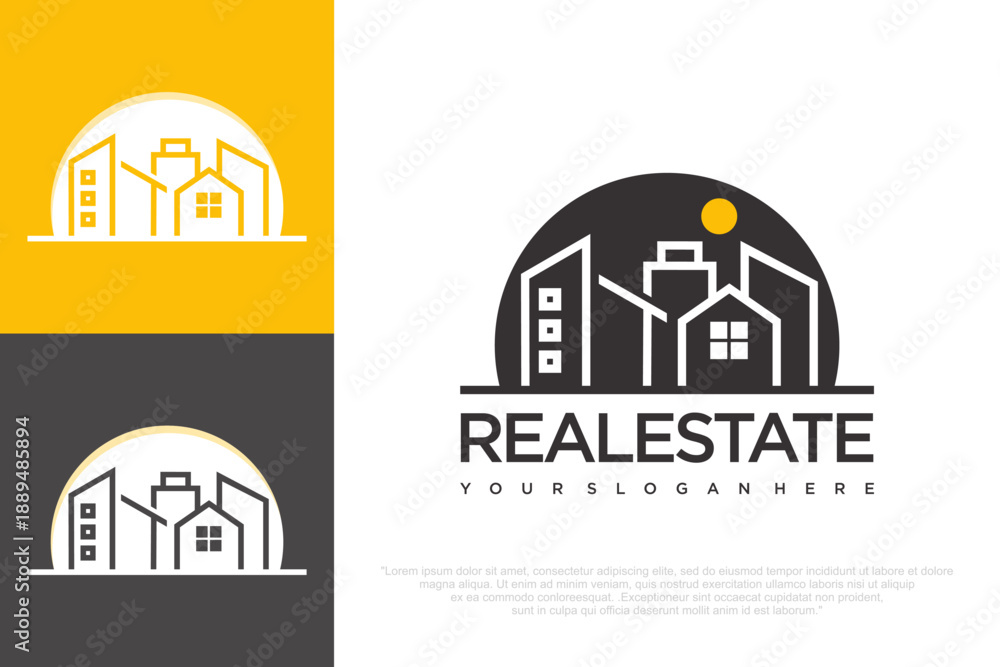 Fototapeta premium Real Estate Logo Design with City Building and House Icon .vector illustration