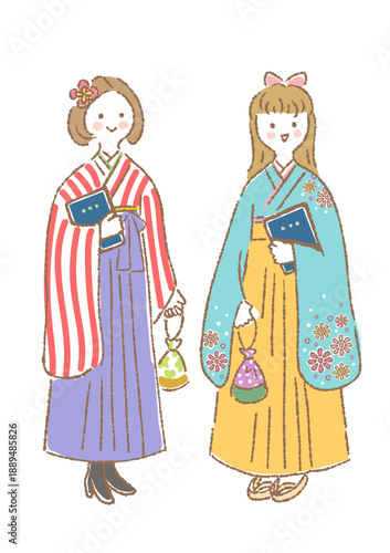 卒業証書を持って袴姿で立つ二人の若い女性のイラスト