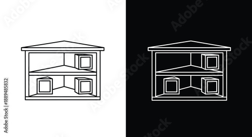 A simple illustration depicts two identical house outlines on contrasting black and white backgrounds side by side