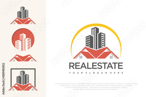 Modern Real Estate Logo with Building and Sun . vector illustration